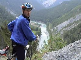 Tao and the spectacular views from Versamerstrasse, Bonaduz, 51.4 miles into the ride